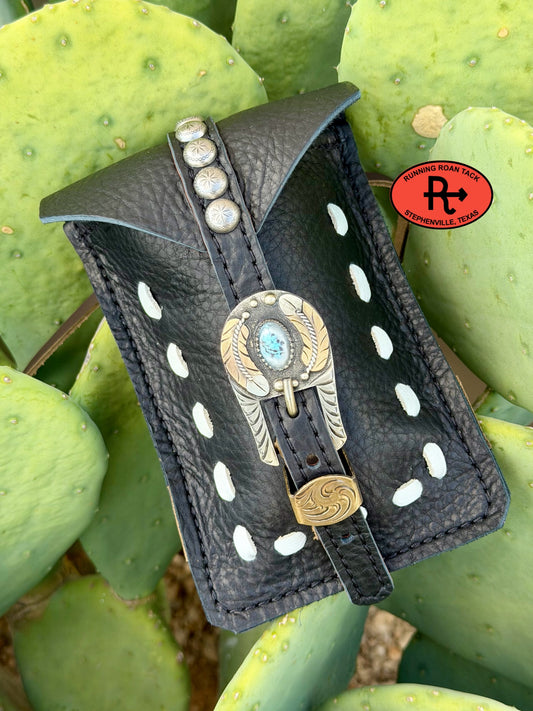 Black Leather Mini Saddle Bag with White Pop Stitch and German Silver Buckle for Phone, Keys, Roping Powder, etc Minibag09072026-14