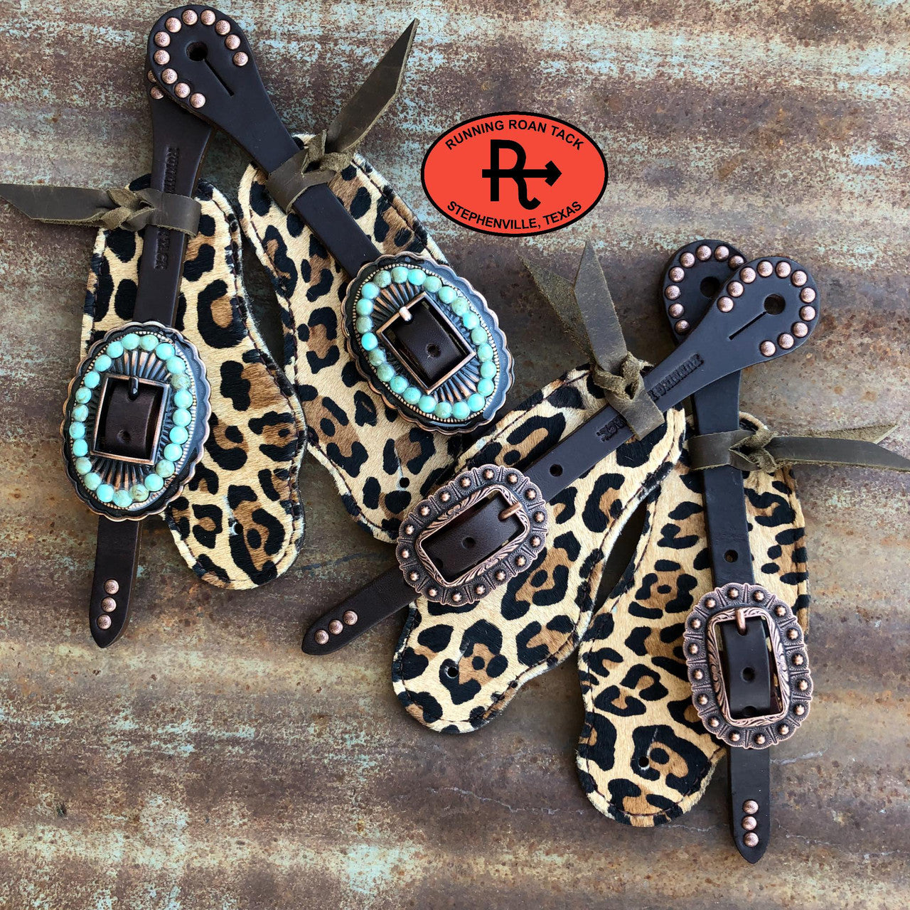 Leopard Print Hair On Cowhide Buckaroo Spur Straps with Your Choice of Buckles