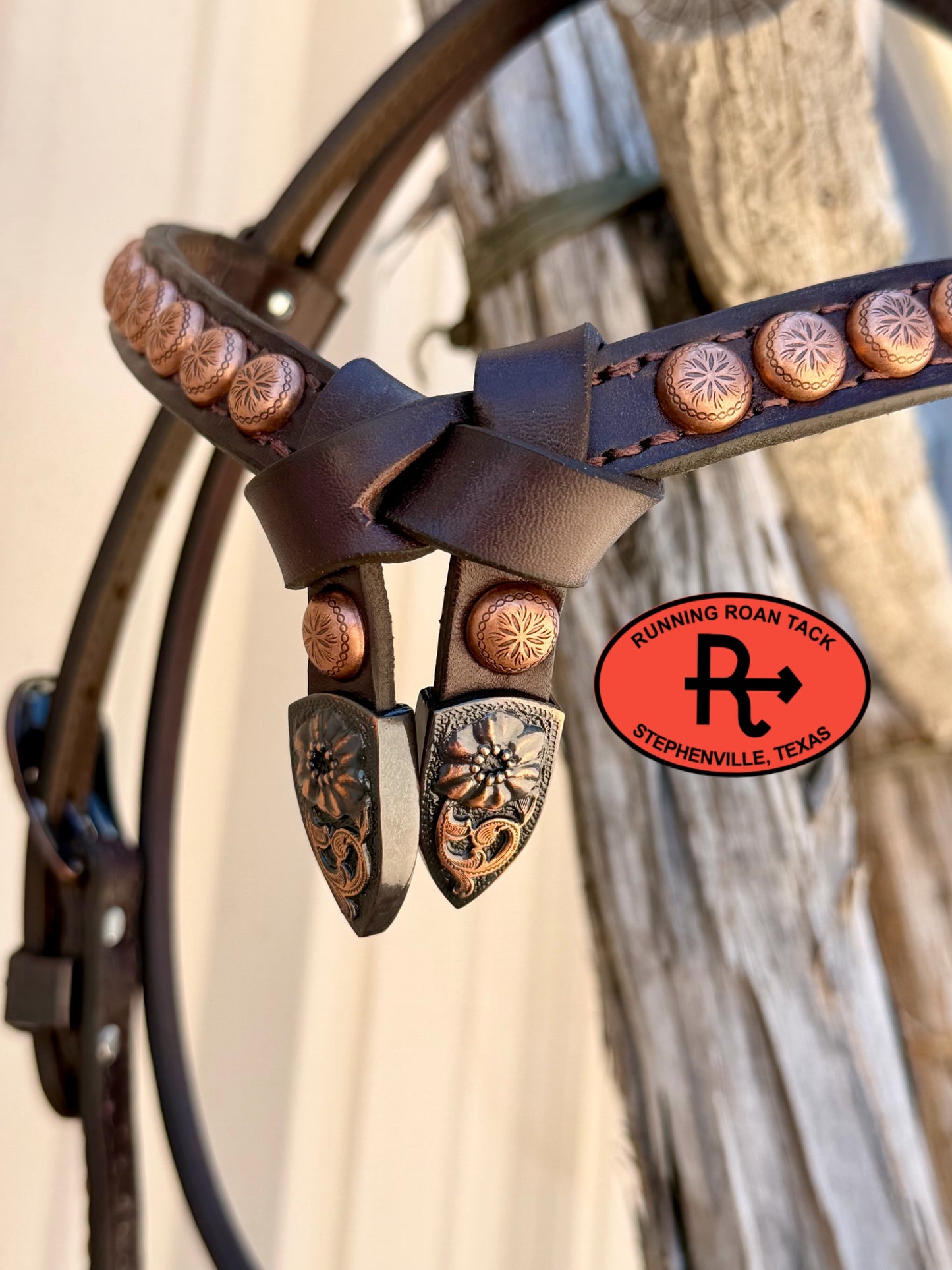 Chocolate Short Cheek Futurity Knot Browband Headstall with Quick Change Pineapple Knots and Copper Flower Hardware 29”-37” Headstall09072026-10