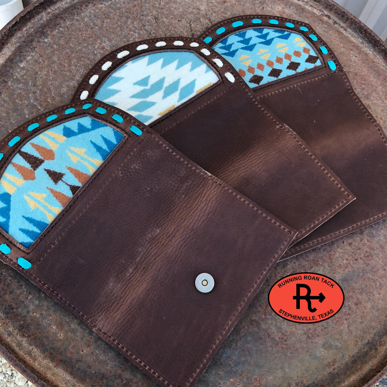 "Rancho Arroyo Aqua" Inlaid Wool Trifold Wallet with Pop Stitch