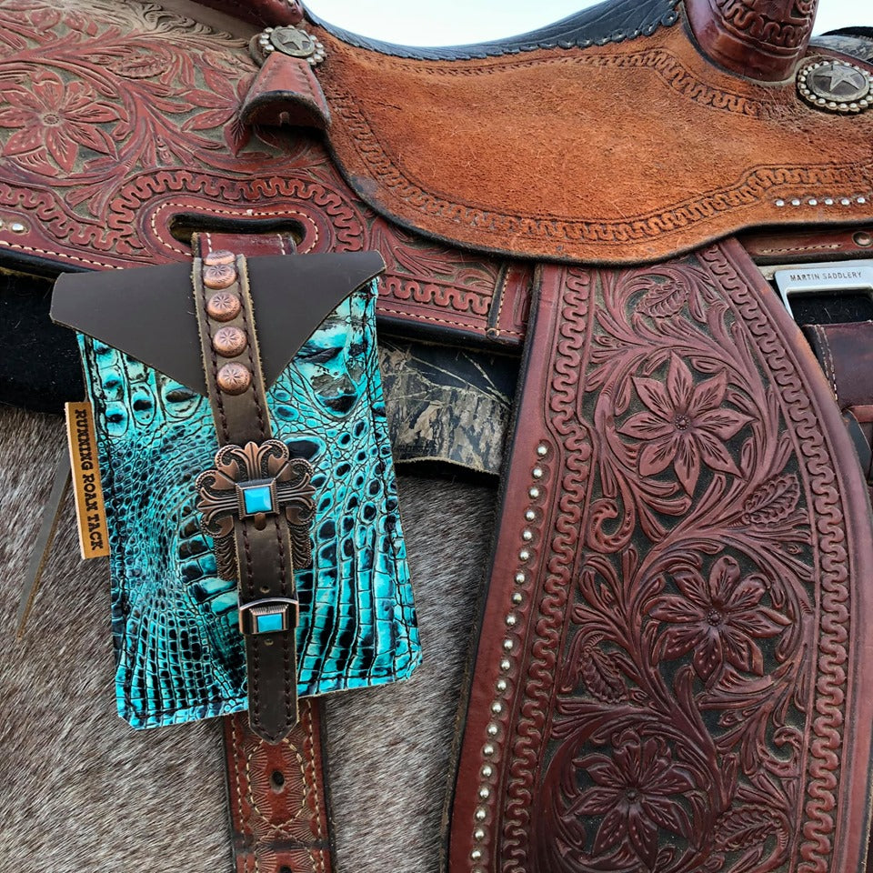 Bright Turquoise Croc Mini Saddle Bag with Your Choice of Buckle and Fringe for Phone, Keys, Roping Powder, etc