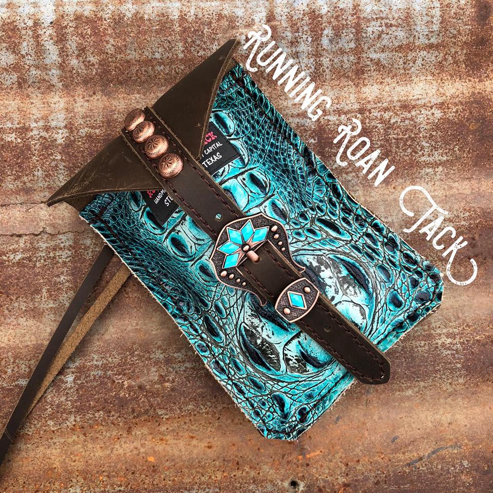 Bright Turquoise Croc Mini Saddle Bag with Your Choice of Buckle and Fringe for Phone, Keys, Roping Powder, etc