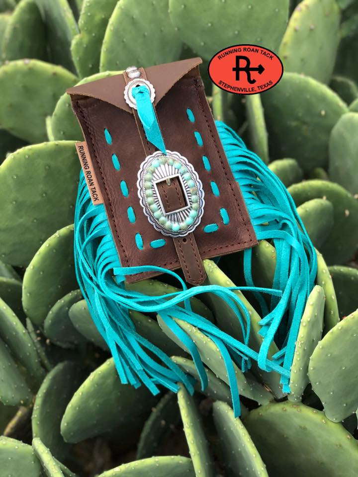 Mini Saddle Bag with Turquoise Pop Stitch for Phone, Keys, Roping Powder, etc