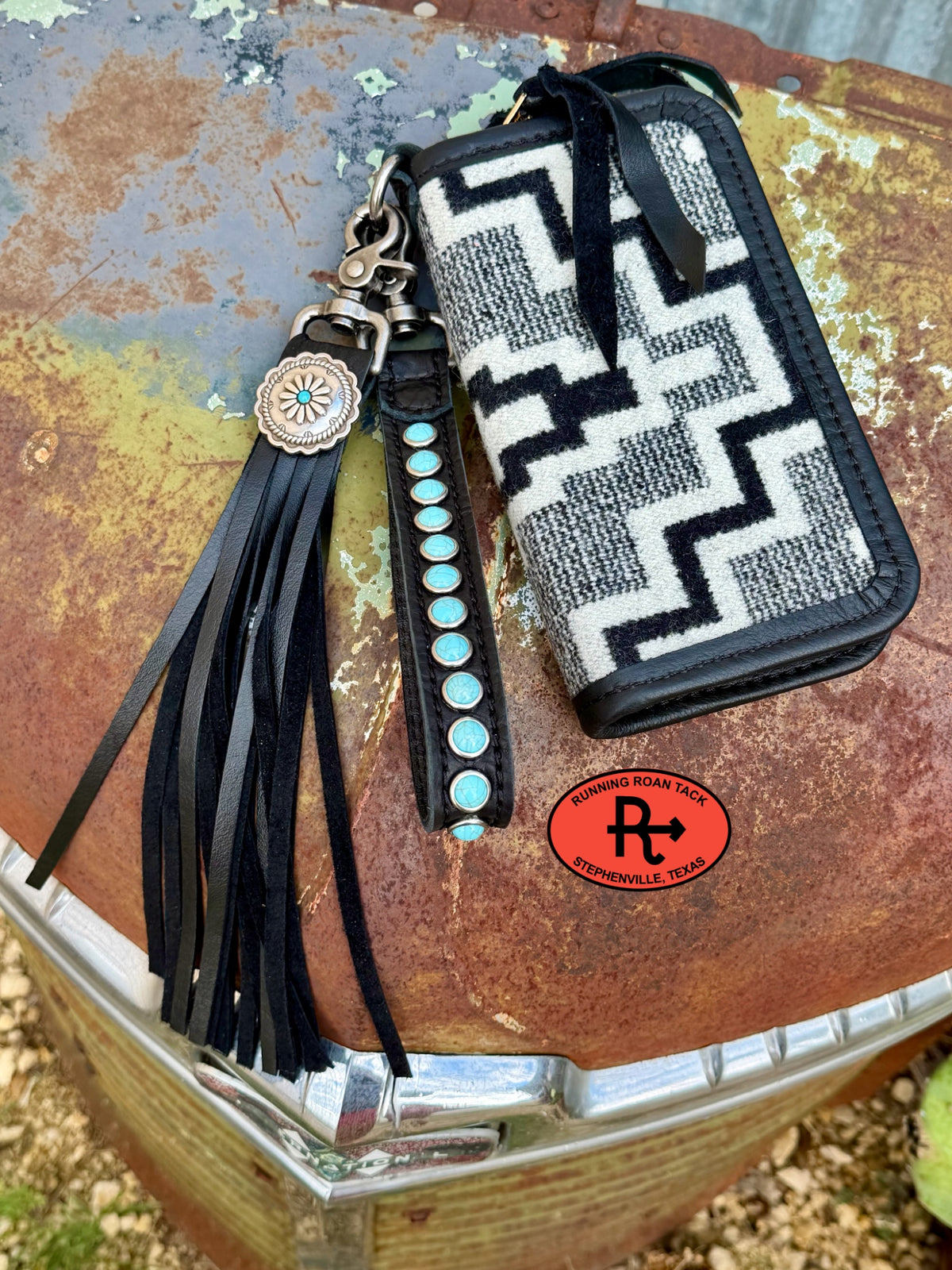 "The Pecos" Black Leather Double Zip Wallet Wristlet Organizer Clutch with Genuine Wool, Wristlet Strap and Tassel Pecos10052026-03
