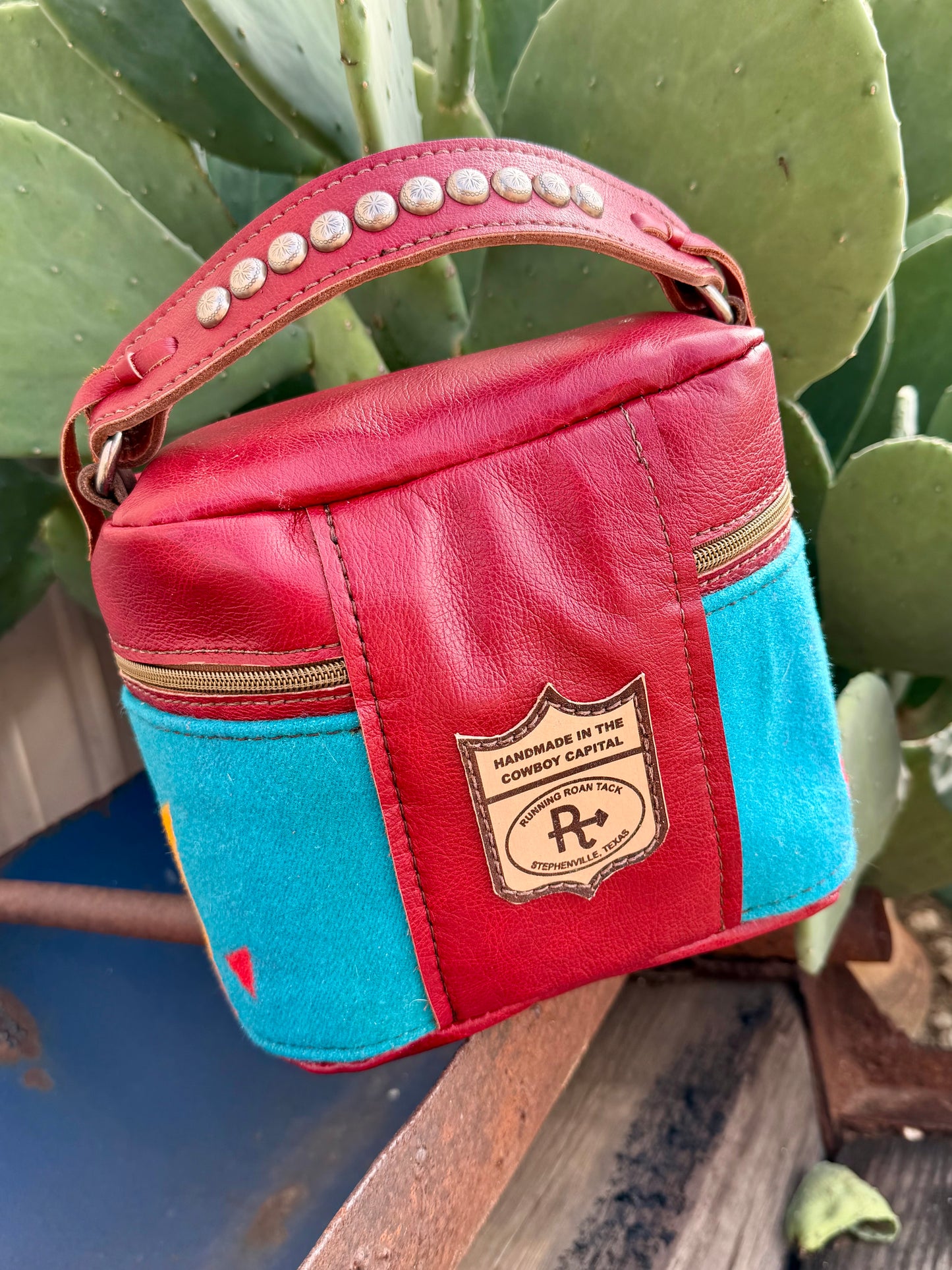 Scarlet Red Leather with Overall Turquoise Wool Train Case for Makeup, Toiletries, etc traincase07062026-13