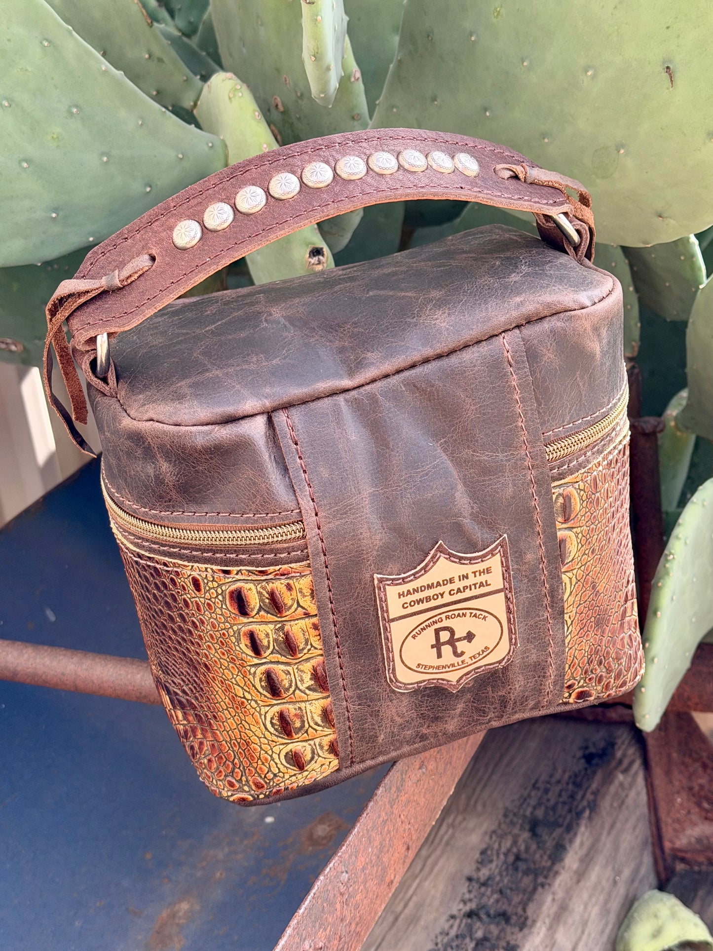 Train Case in Brown Leather with Tan Croc for Makeup, Toiletries, etc traincase07062026-03