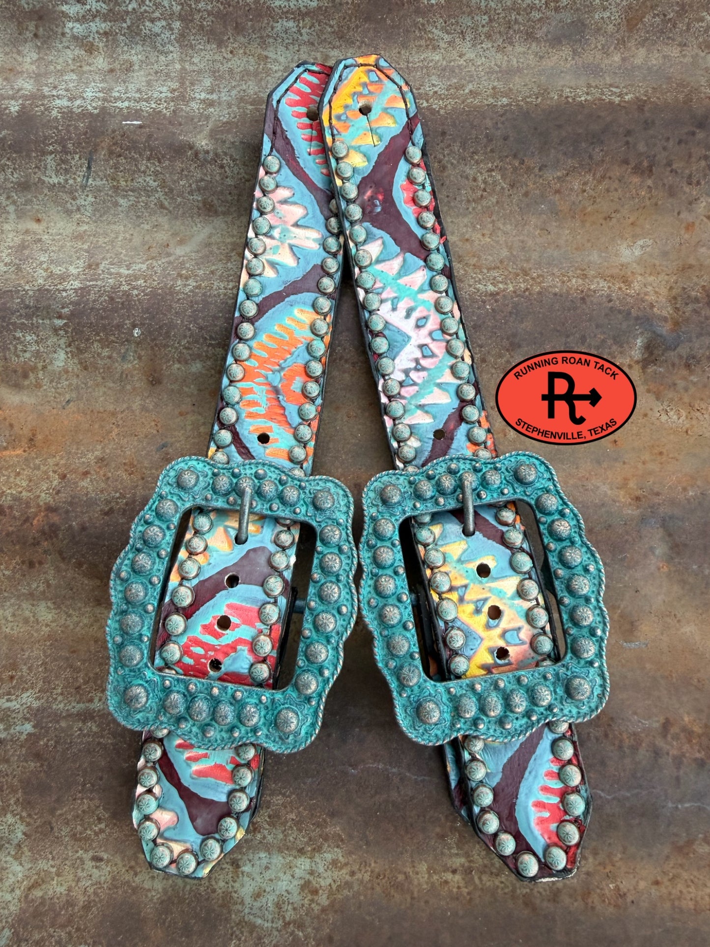 Colorful Aztec Belt Style Spur Straps with Copper Patina Buckles spurstraps08032026-12