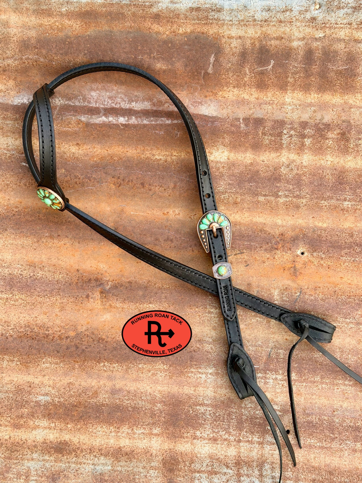 Black Single Ear Single Buckle Headstall with Quick Change Pineapple Knots and Minty Green Cabochon Hardware 38”-43” Headstall10052026-22