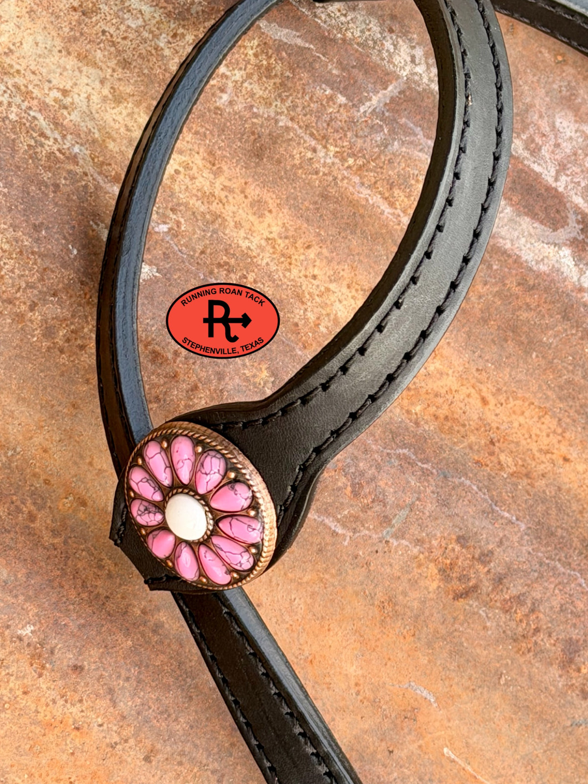 Black Single Ear Single Buckle Headstall with Pink Quick Change Pineapple Knots and Pink Cabochon Hardware 38”-43” Headstall10052026-23