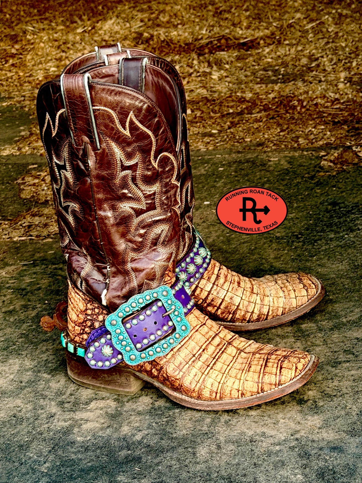 Purple Studded Belt Style Spur Straps with Copper Patina Buckles spurstraps08032026-26