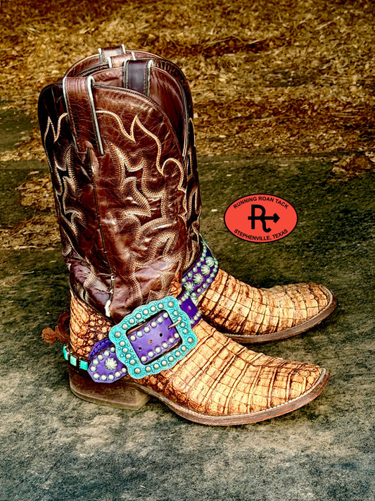 Purple Studded Belt Style Spur Straps with Copper Patina Buckles spurstraps08032026-26