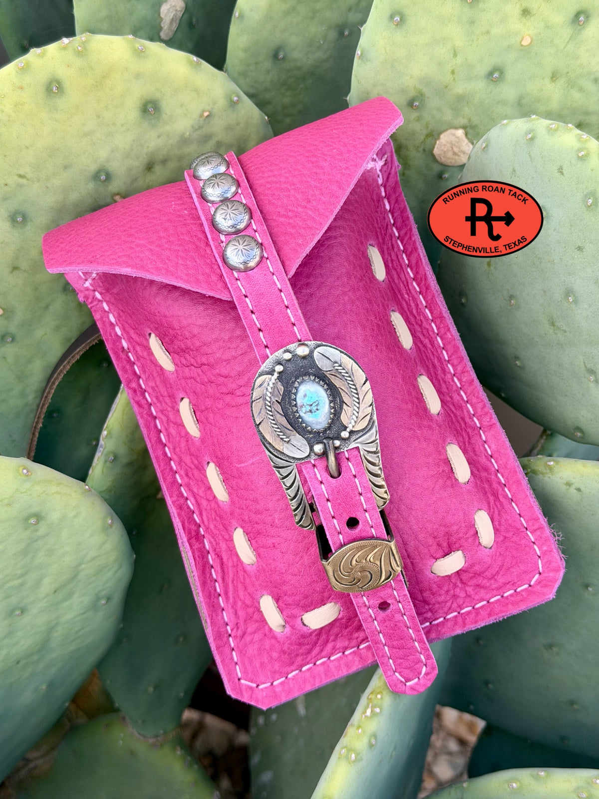 Pink Leather Mini Saddle Bag with Off White Pop Stitch and German Silver Buckle for Phone, Keys, Roping Powder, etc Minibag09072026-10