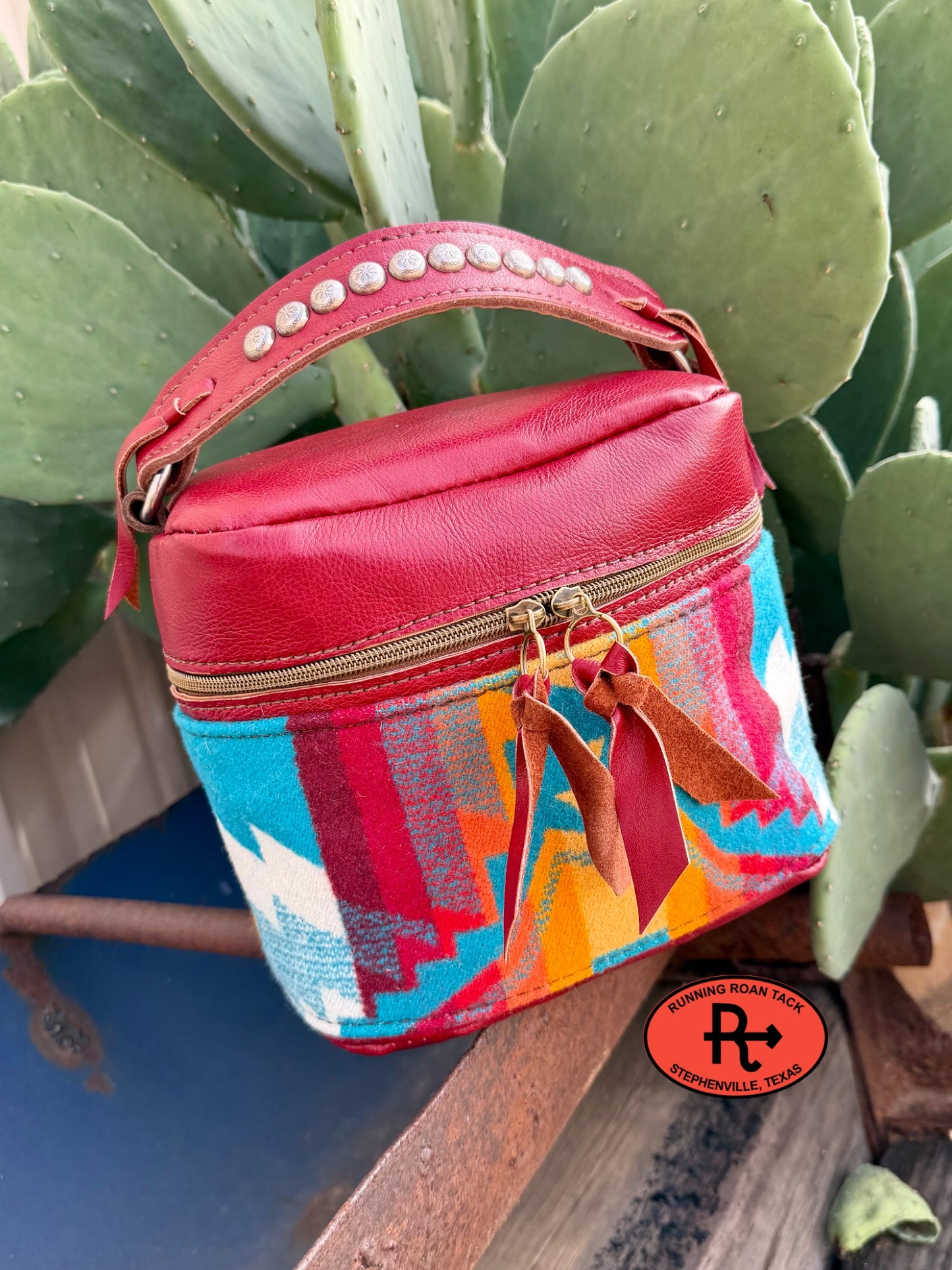 Scarlet Red Leather with Overall Turquoise Wool Train Case for Makeup, Toiletries, etc traincase07062026-13