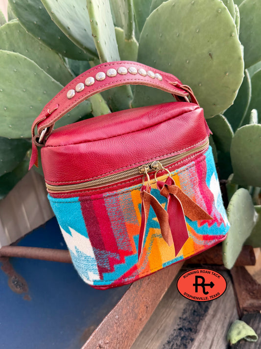 Scarlet Red Leather with Overall Turquoise Wool Train Case for Makeup, Toiletries, etc traincase07062026-13