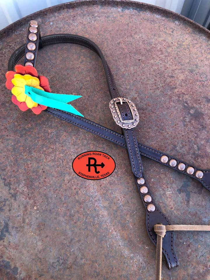 Headstall D: large orange flower, small yellow flower, minty turquoise blood knot, copper dots and buckle, brown oil tan ties at bit ends.
