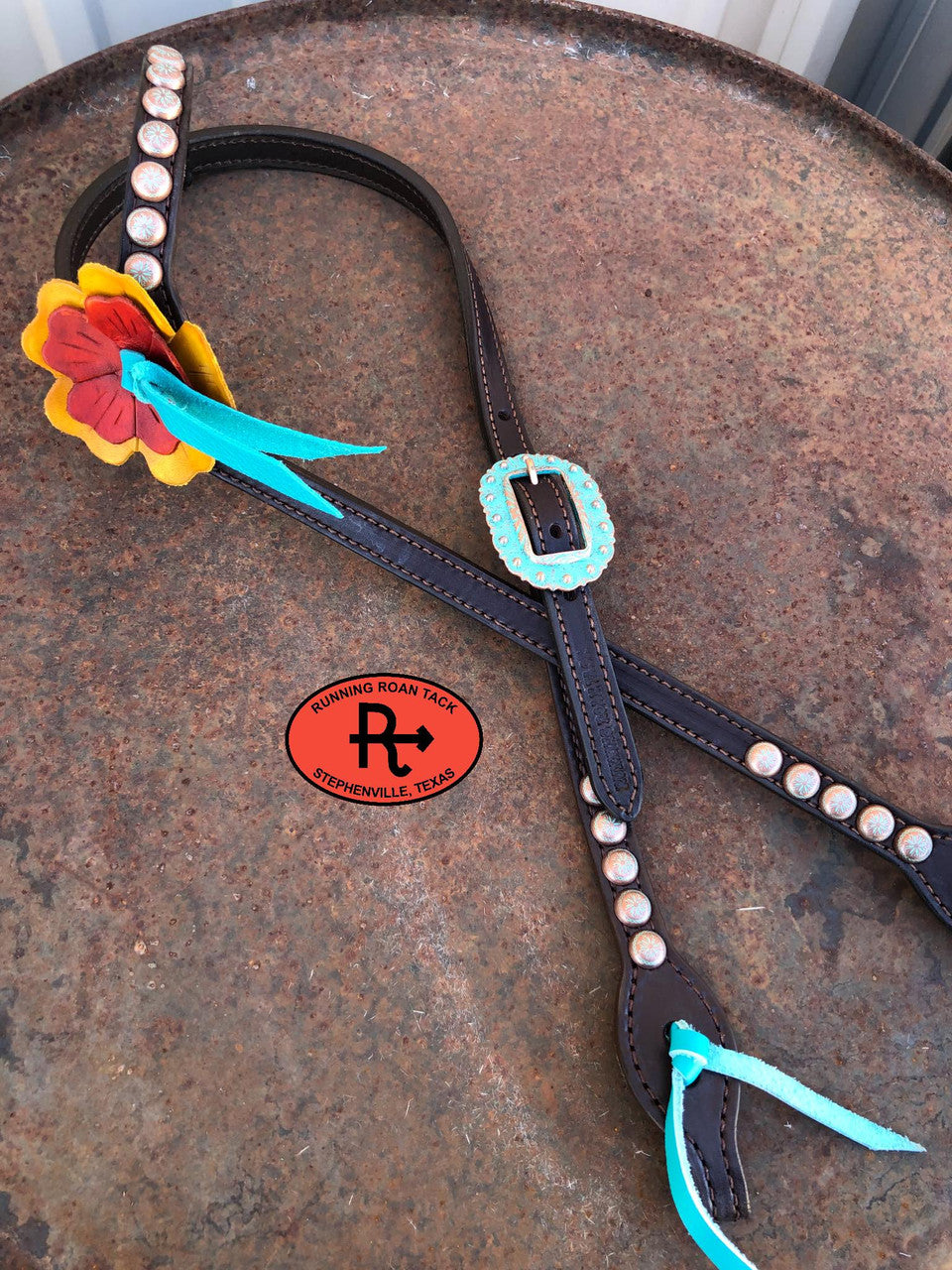 Headstall G: large yellow flower, small orange flower, turquoise blood knot, copper patina dots and buckle, turquoise ties at bit ends.