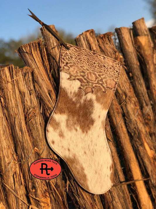 Speckled Cowhide Christmas Stocking with Snake Print Trim