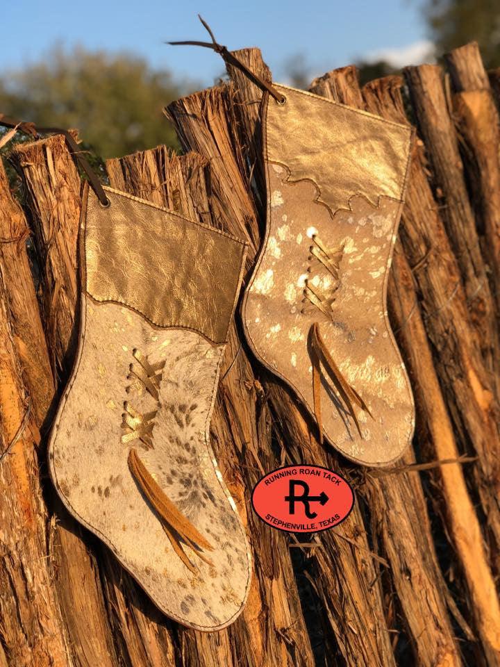Pair of Metallic Champagne Acid Wash Cowhide Christmas Stocking with Metallic Gold Trim and Lacing