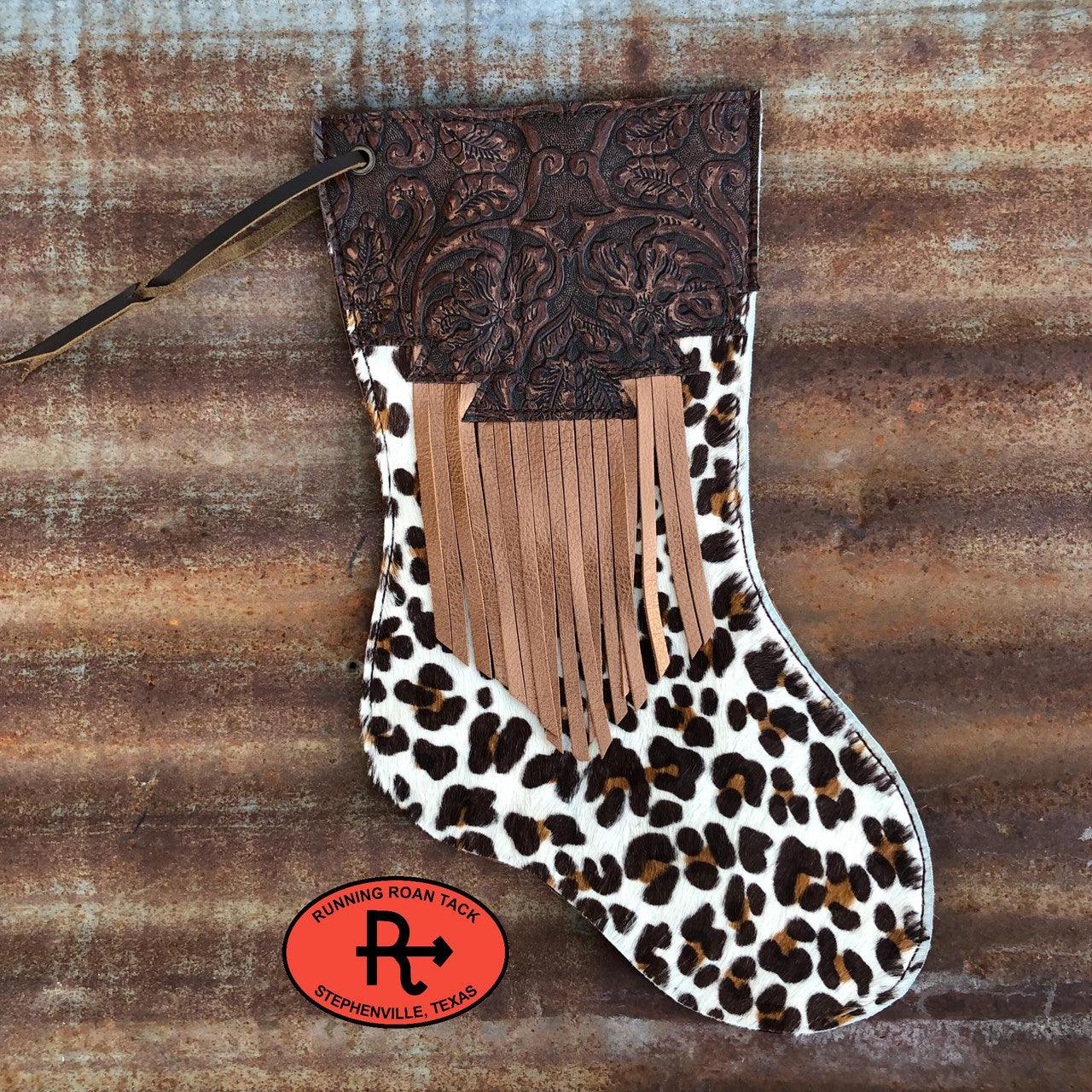 Leopard Print Cowhide Christmas Stocking with Floral Leather Trim