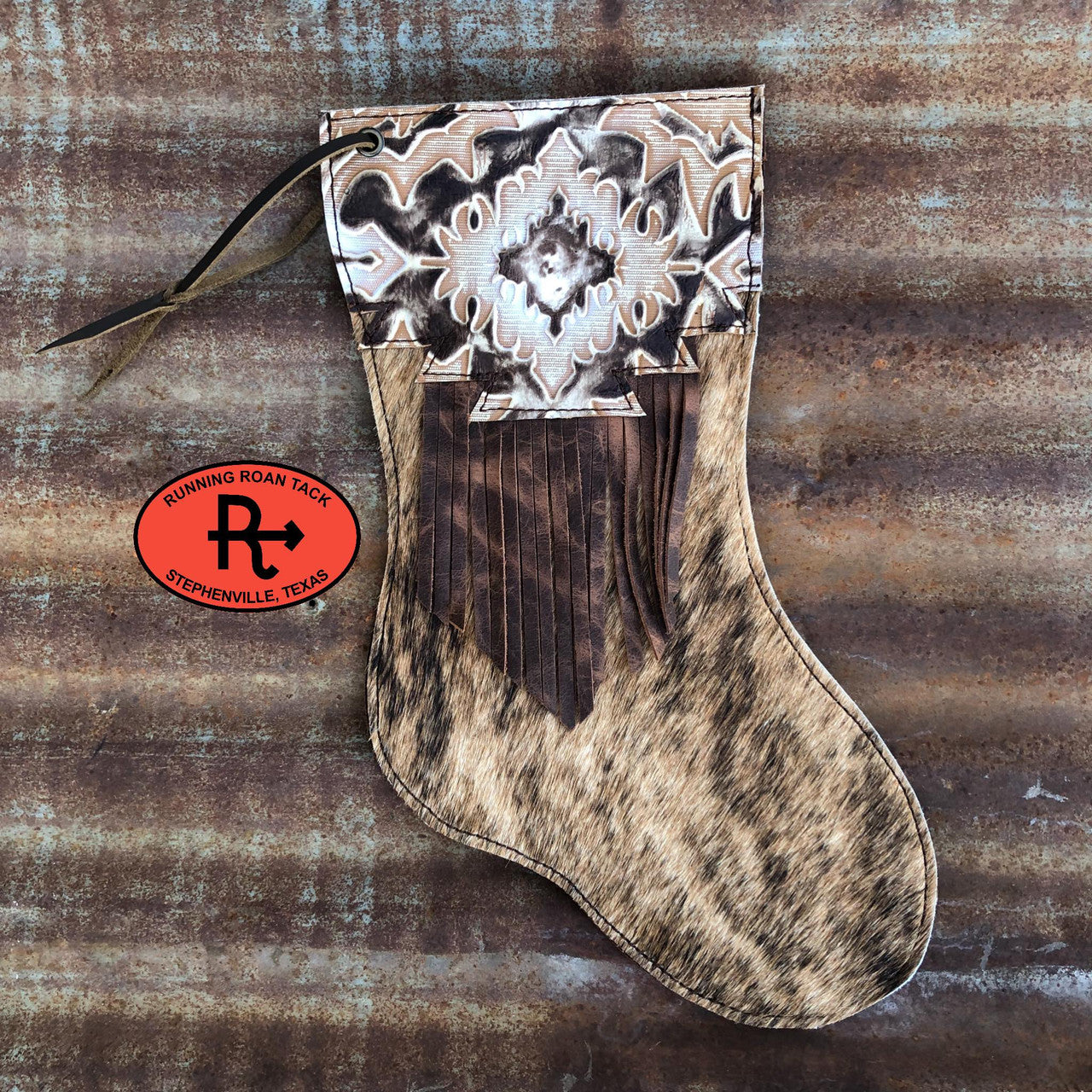 Brindle Cowhide Christmas Stocking with Laredo Leather and Ties