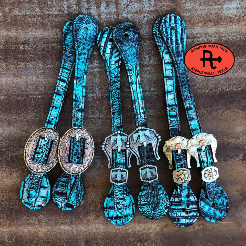 Bright Turquoise Croc Spur Straps with Your Choice of Buckles