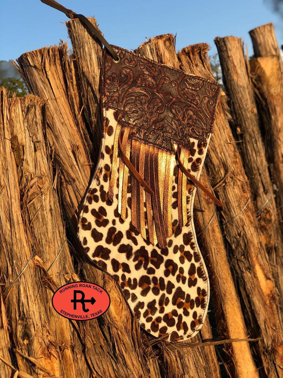 Leopard Print Cowhide Christmas Stocking with Floral Leather Trim