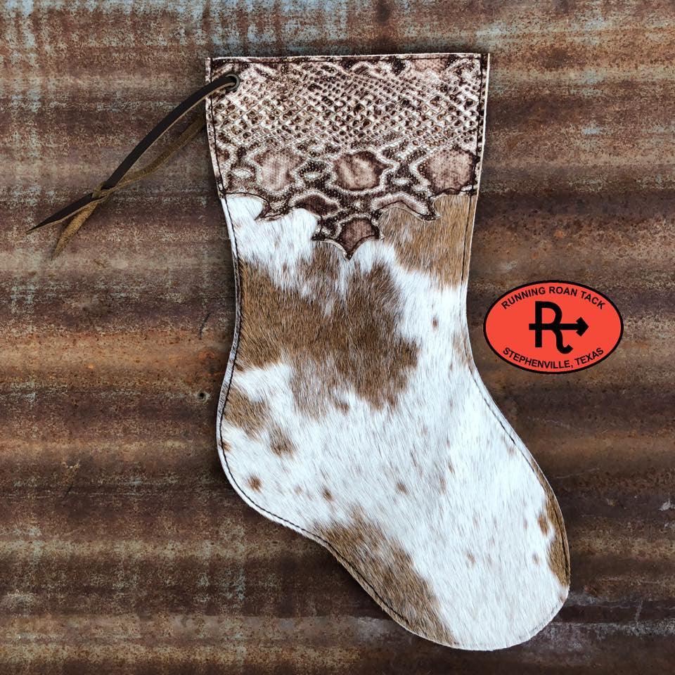 Speckled Cowhide Christmas Stocking with Snake Print Trim