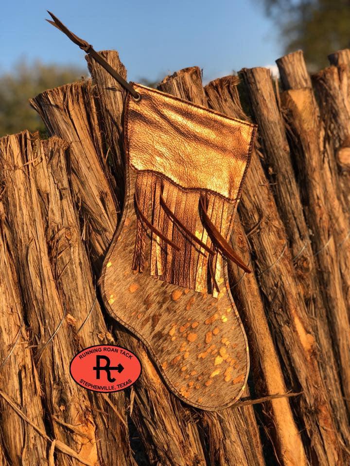 Metallic Acid Wash Cowhide Christmas Stocking with Metallic Trim and Fringe