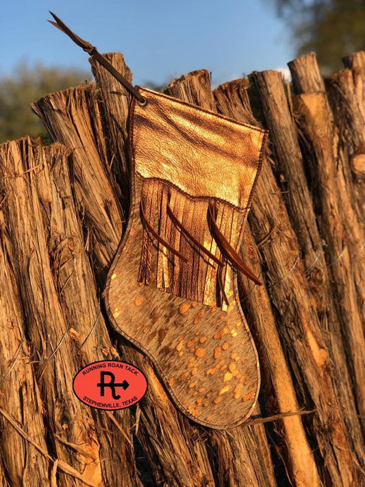 Metallic Acid Wash Cowhide Christmas Stocking with Metallic Trim and Fringe