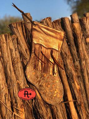 Metallic Acid Wash Cowhide Christmas Stocking with Metallic Trim and Fringe