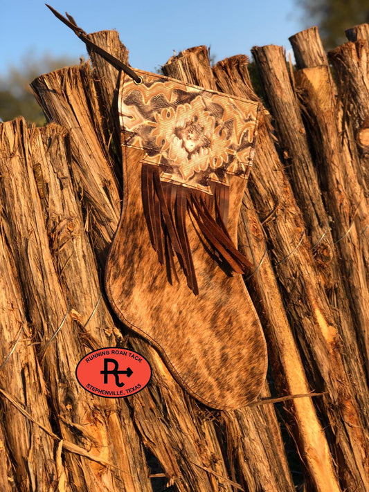 Brindle Cowhide Christmas Stocking with Laredo Leather and Ties