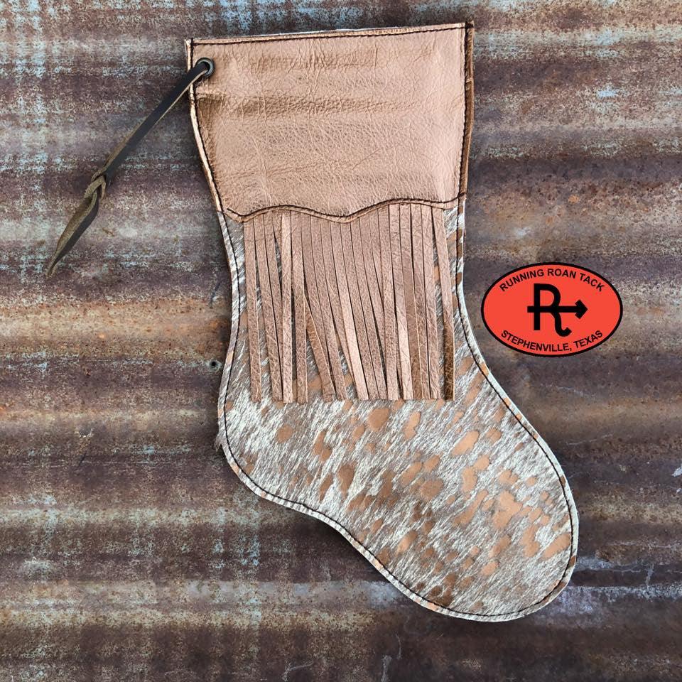 Metallic Acid Wash Cowhide Christmas Stocking with Metallic Trim and Fringe