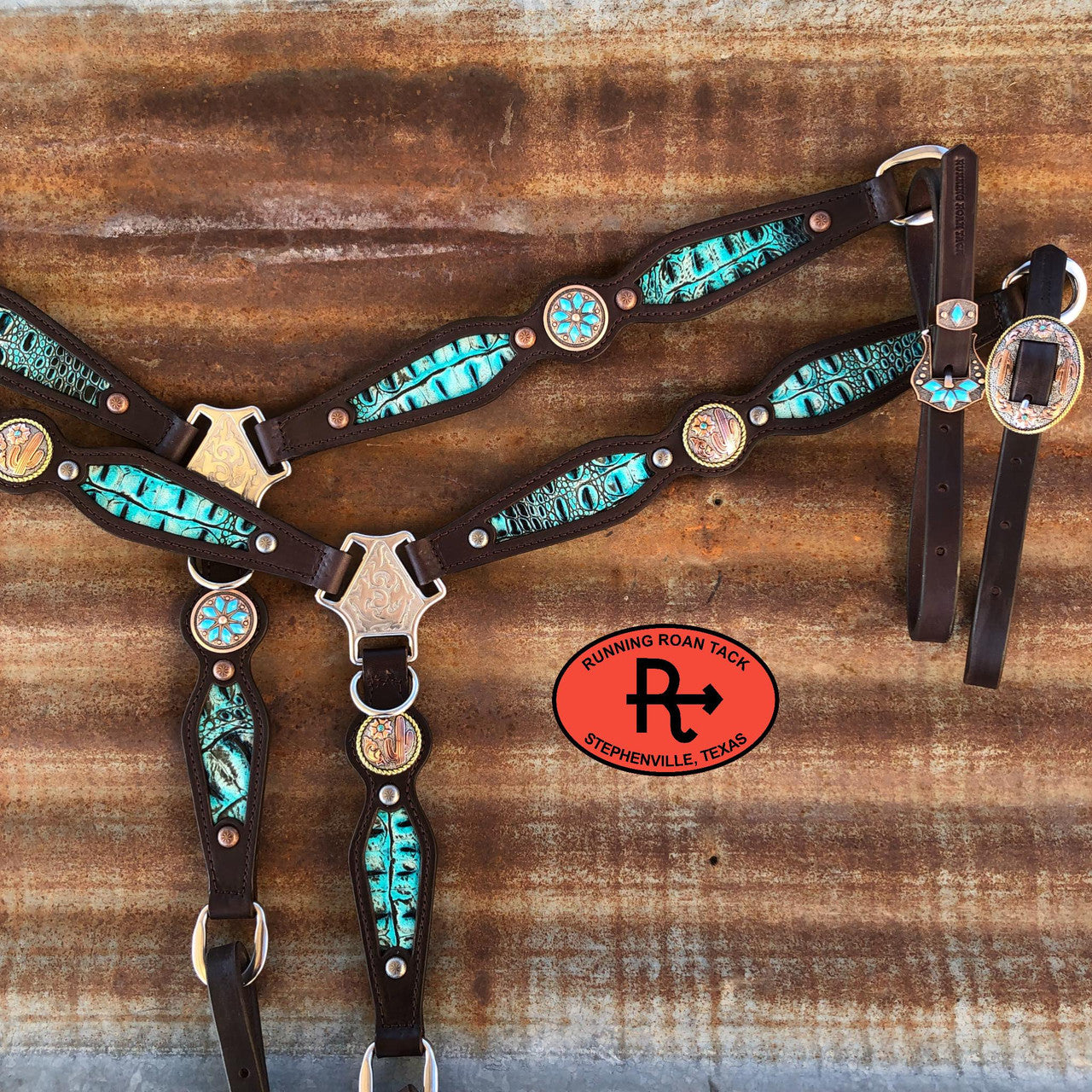 Bright Turquoise Croc Breast Collar in with Your Choice of Hardware