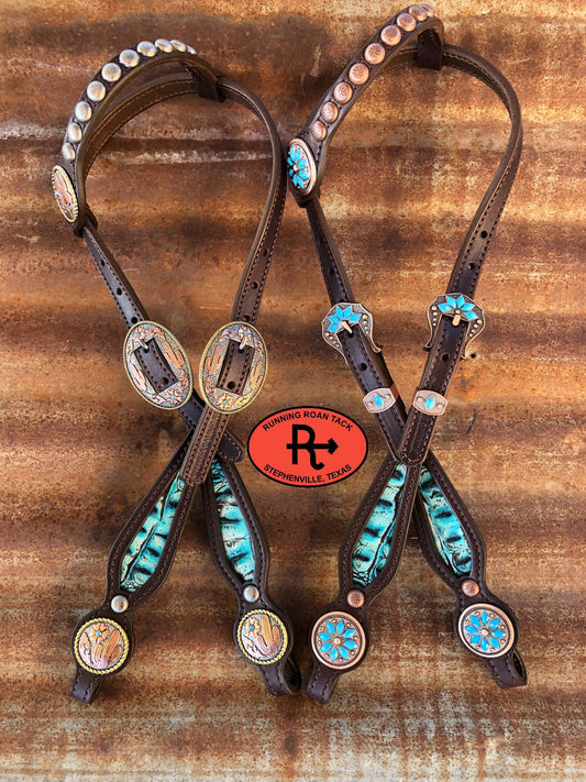 Bright Turquoise Croc Single Ear Standard Size Headstall with Your Choice of Hardware