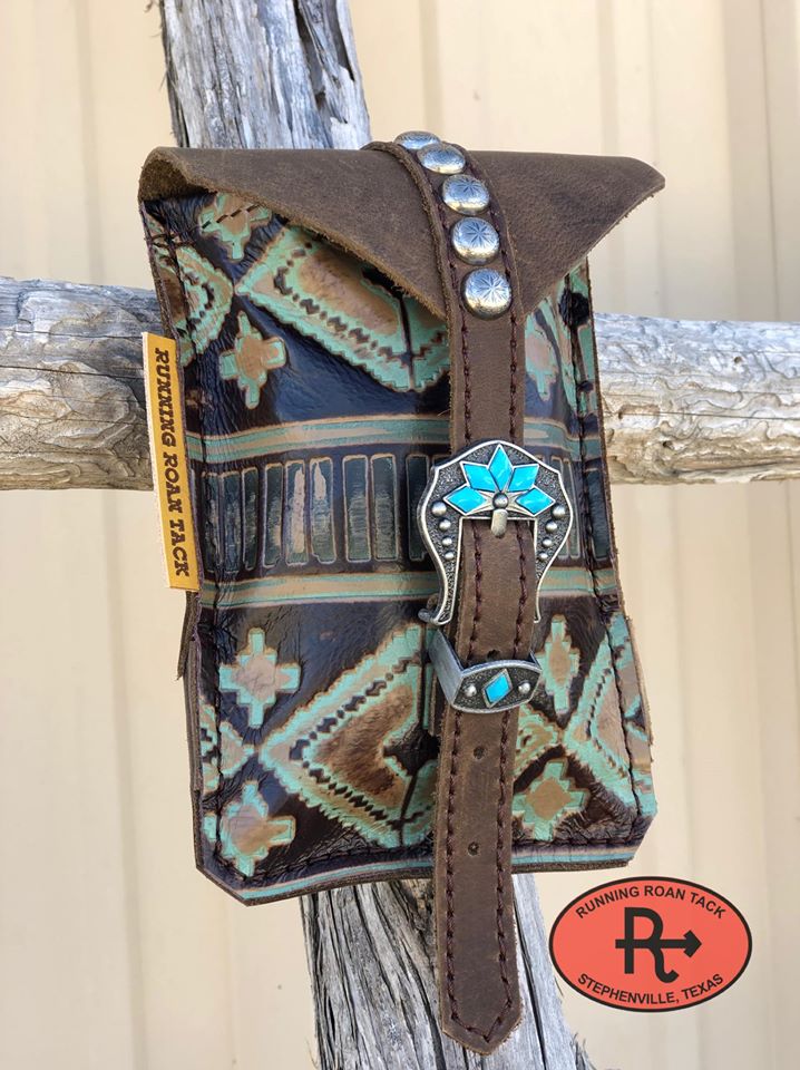 Turquoise Aztec Mini Saddle Bag with Your Choice of Buckle and Fringe for Phone, Keys, Roping Powder, etc