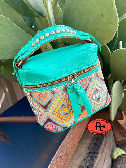 Mint Leather with Colorful Southwest Embossed Train Case for Makeup, Toiletries, etc traincase07062026-18