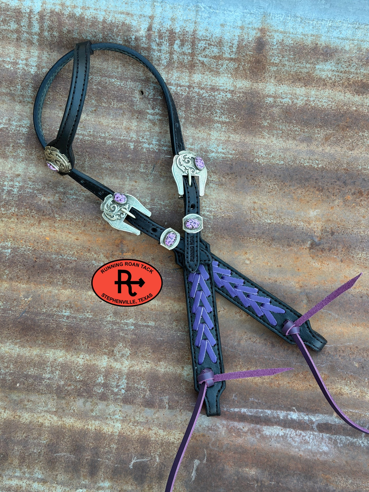 Black Headstall with Purple Lacing and German Silver Purple Cabochon Hardware 36”-43” Headstall10052026-08