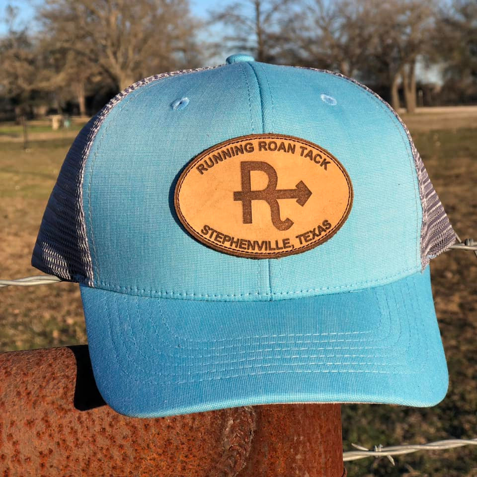 Blue and Grey Hat with Running Roan Logo on Leatherette Patch