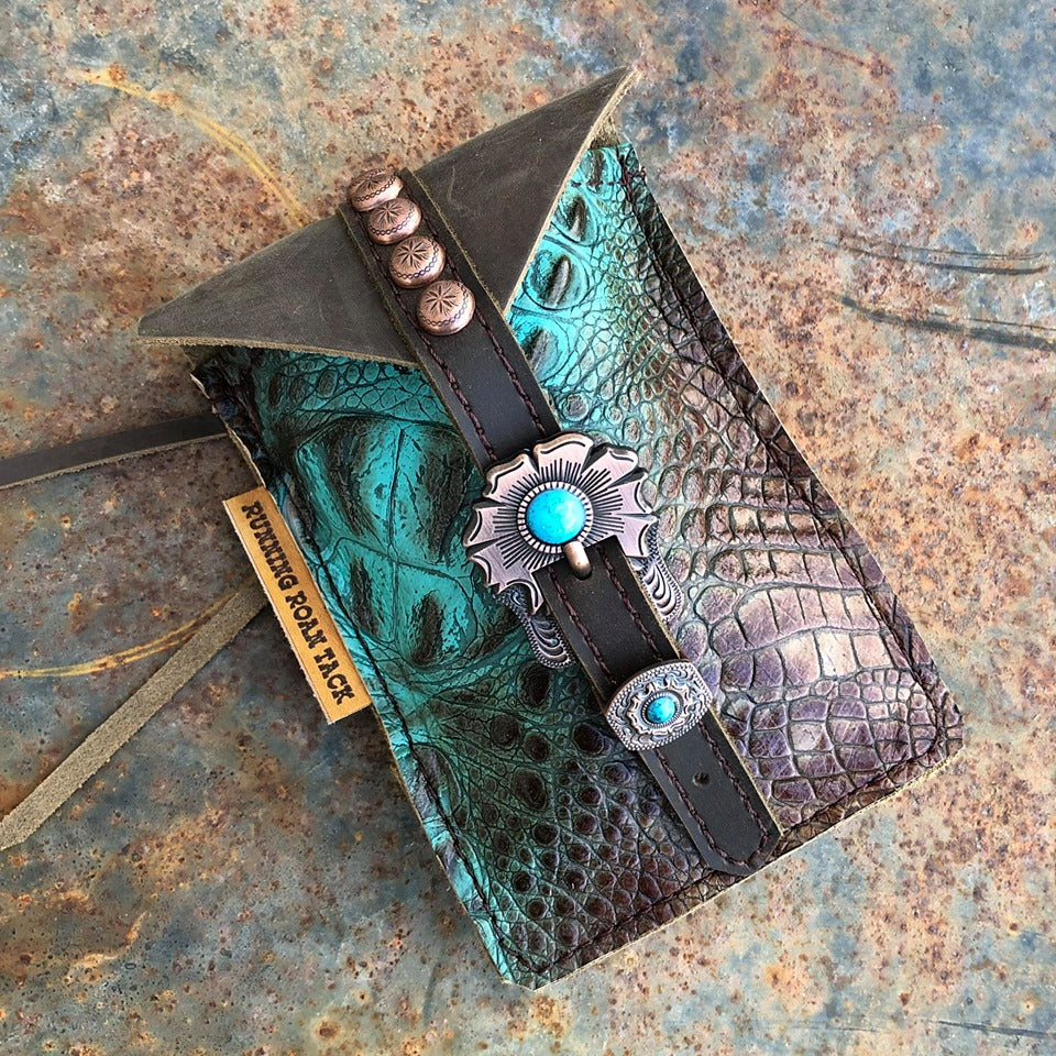 Turquoise Brown Croc Mini Saddle Bag with Your Choice of Buckle and Fringe for Phone, Keys, Roping Powder, etc