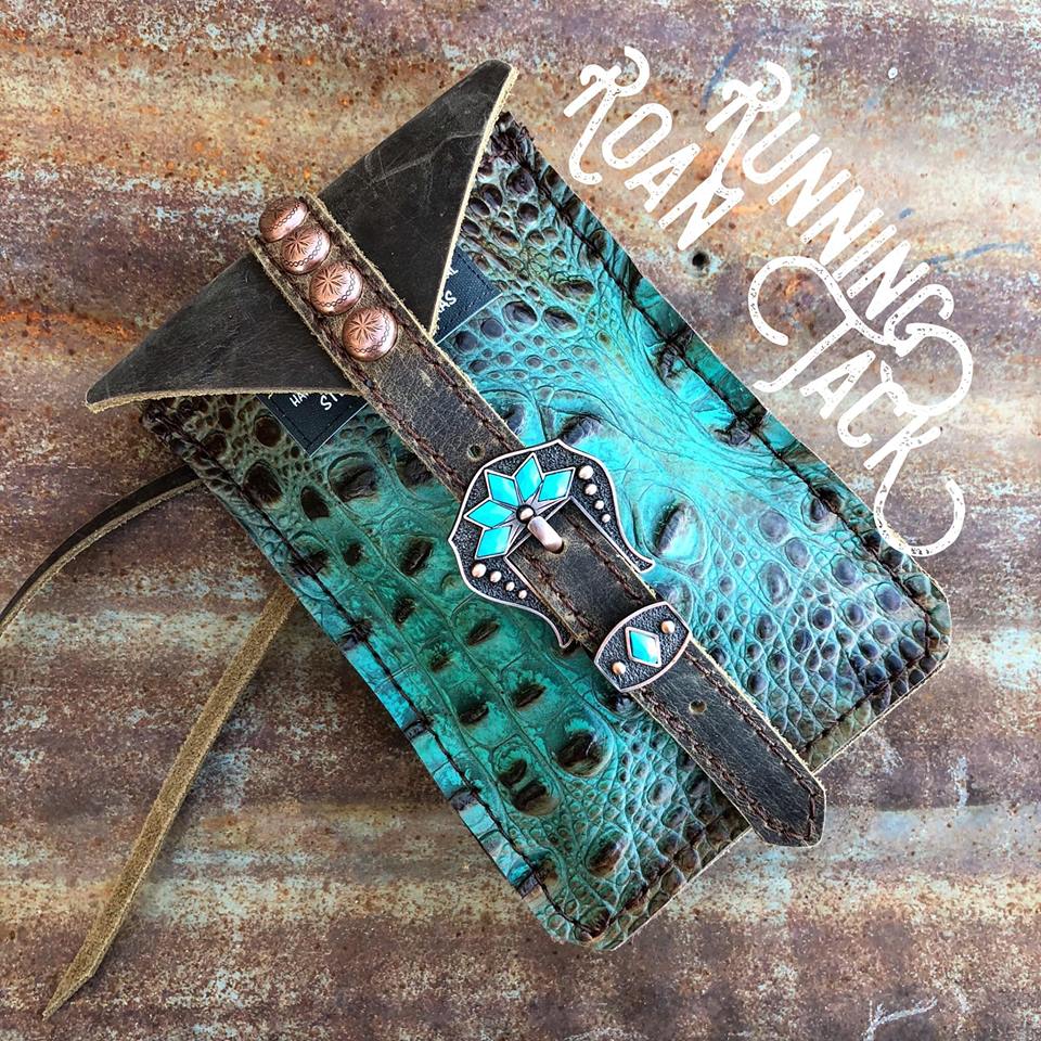 Turquoise Brown Croc Mini Saddle Bag with Your Choice of Buckle and Fringe for Phone, Keys, Roping Powder, etc