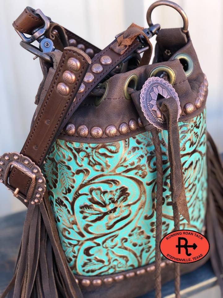 "The Bolo" Cross Body Bucket Handbag in Turquoise Floral