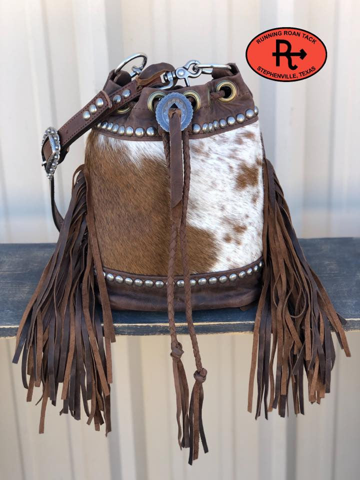 "The Bolo" Cross Body Bucket Handbag in Spotted Hair on Cowhide 6