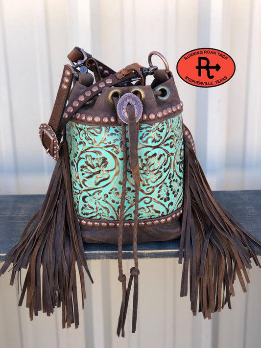 "The Bolo" Cross Body Bucket Handbag in Turquoise Floral