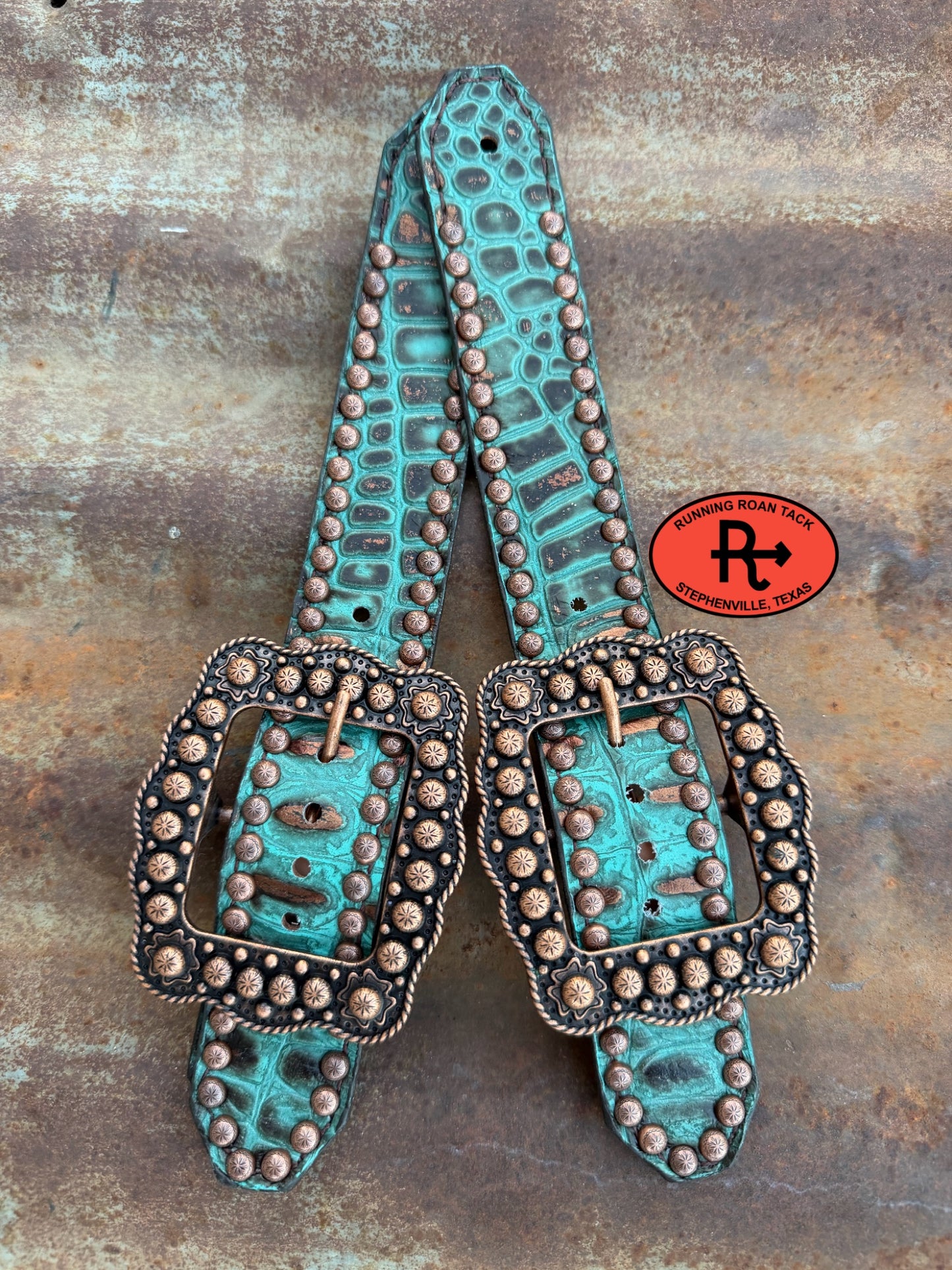 Turquoise Copper Croc Belt Style Spur Straps with Copper Buckles spurstraps08032026-09