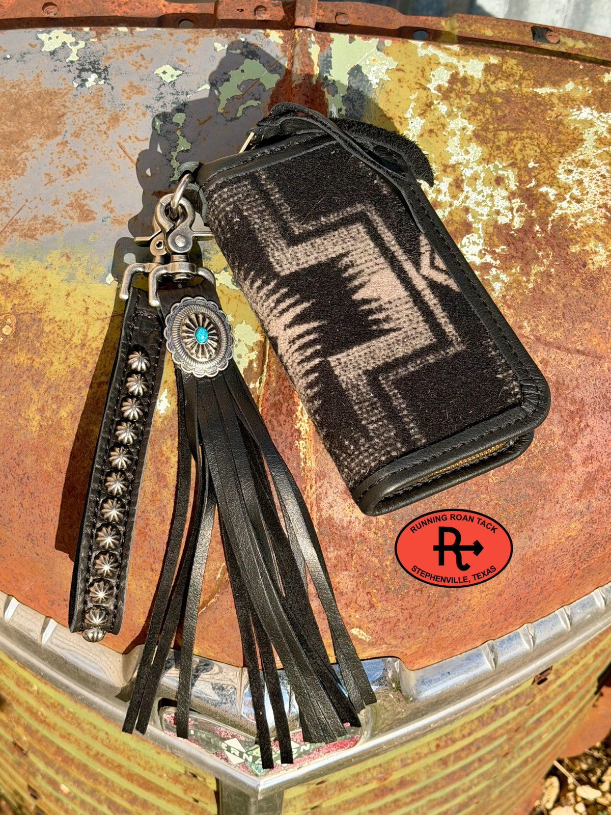 "The Pecos" Black Leather Double Zip Wallet Wristlet Organizer Clutch with Harding Wool, Wristlet Strap and Tassel Pecos10052026-01