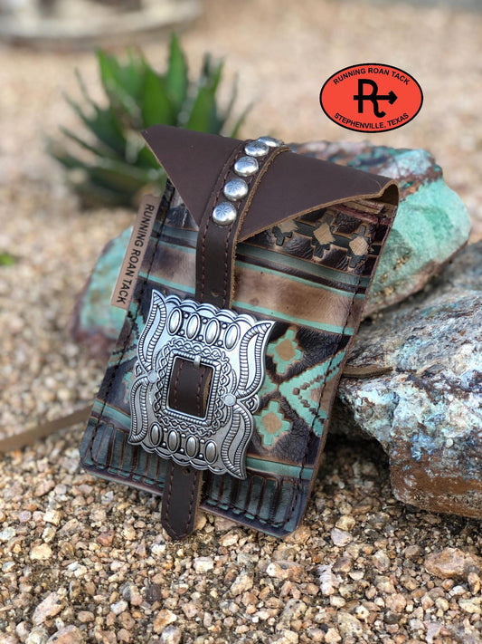 Turquoise Aztec Mini Saddle Bag with Large Buckle for Phone, Keys, Roping Powder, etc