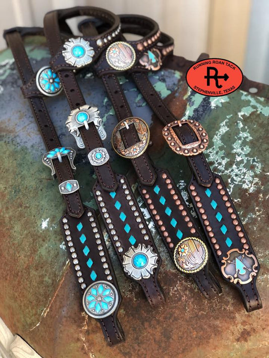 Turquoise Buckstitch Single Ear Short Cheek Headstall with Your Choice of Hardware