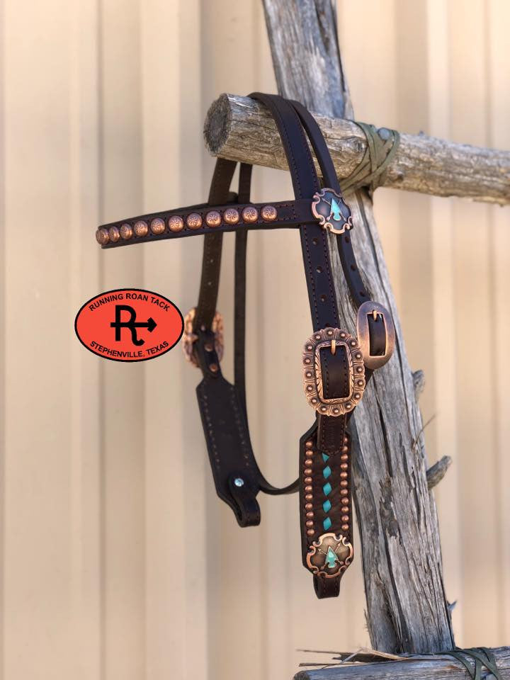 Turquoise Buckstitch Browband Short Cheek Headstall with Your Choice of Hardware