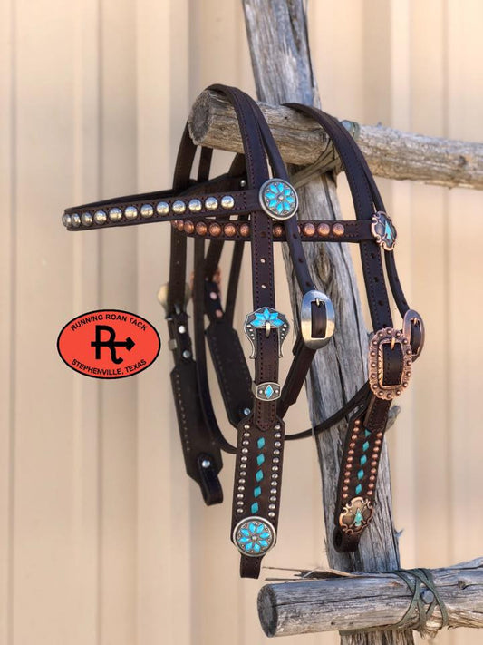 Turquoise Buckstitch Browband Short Cheek Headstall with Your Choice of Hardware