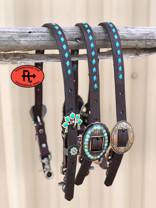 Double Buckle Chocolate Wither Strap with Turquoise Buckstitch and Your Choice of Hardware